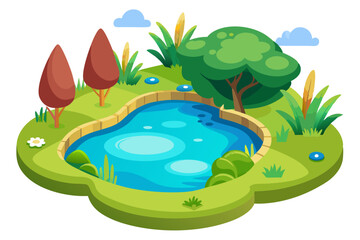 Obraz premium A Cartoon Illustration of a Small Pond Surrounded by Trees and Grass