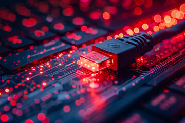 Glow of a USB cable on a computer keyboard. Generative AI image