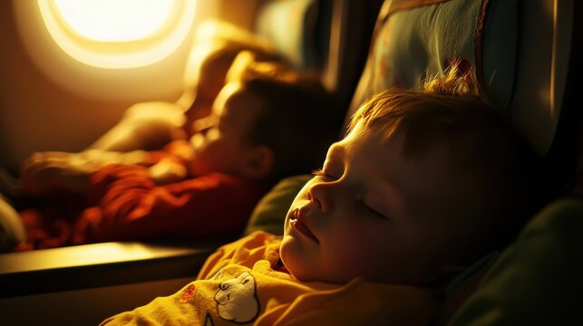 Parents guide their children to sleep during a peaceful night flight, with soft cabin lights enhancing the tranquil ambiance