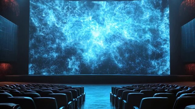 A large digital screen displays dynamic blue visuals in a dimly lit cinema theater filled with empty seats.