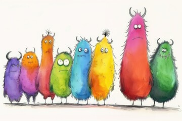 Colorful and funny monsters with fur and bright fur and horns