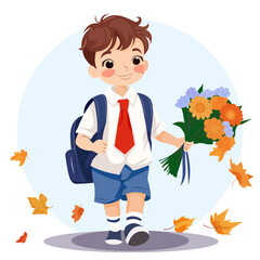 Cute funny schoolboy with flowers goes to school