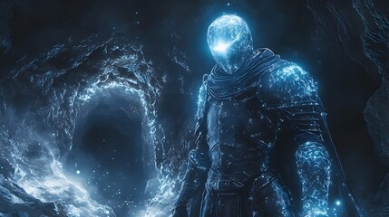 Fototapeta premium Spectral Steel Armor Vigilantly Guarding Forgotten Underground Chamber in Anime-Style