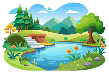 Obraz premium Tranquil Forest Pond with Surrounding Greenery and Blue Sky