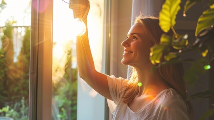 A beautiful young woman is happy about her success in changing a light bulb in her living room at home.