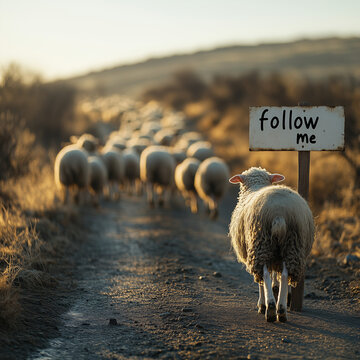 schafe witzig mit schild follow me