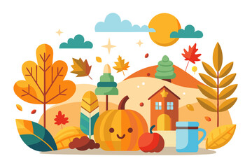 Autumnal Landscape with a Smiling Pumpkin, House, and Fall Leaves
