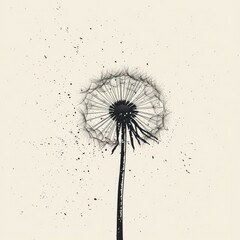 dandelion blowing in the wind. Black silhouette with flying dandelion buds