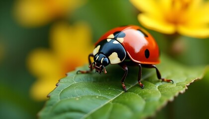 Obraz premium A small ladybug resting on a green leaf against a background of yellow flowers, showcasing nature's vibrant details.