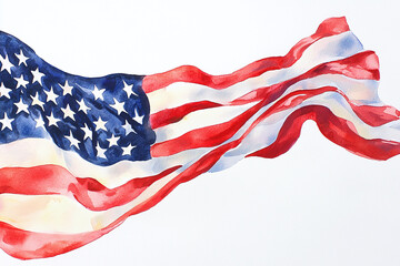 watercolor painting of the American flag, waving gracefully against a white background
