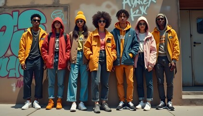 Fototapeta premium Group of young people in loose streetwear posing for a photo in graffiti-covered alleyways, showcasing urban fashion and vibrant street art. 