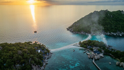 Aerial sunset of Nang Yuan Island, Koh Tao island in gulf of  Thailand 
