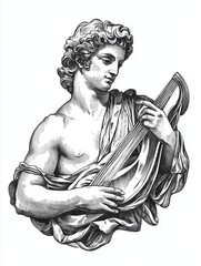 Black and white Vintage engraved art of a detailed half-body portrait statue of Apollo playing the lyre, isolated on white background, ink sketch illustration, simple vector art design, detailed 