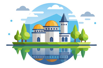 A Flat Illustration of a White Building With Golden Domes and a Tower Reflected in Water