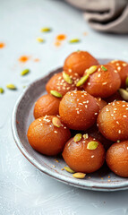 Indian sweets called gulab jamun in bowl
