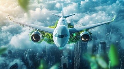 Sustainable aviation fuel concept. Net zero emissions flight. Sustainability transportation. Eco-friendly aviation fuel. Future flight with green innovation. Airplane use biofuel energy.