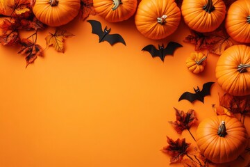 Halloween pumpkins and bats on orange background with copy space with generative ai