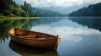 Obraz premium Wooden rowboat on a calm lake. copy space for text.
