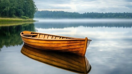 Obraz premium Wooden rowboat on a calm lake. copy space for text.