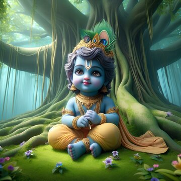 Bal Gopal or Lord Krishna sitting under a banyan tree having a attractive eyes 