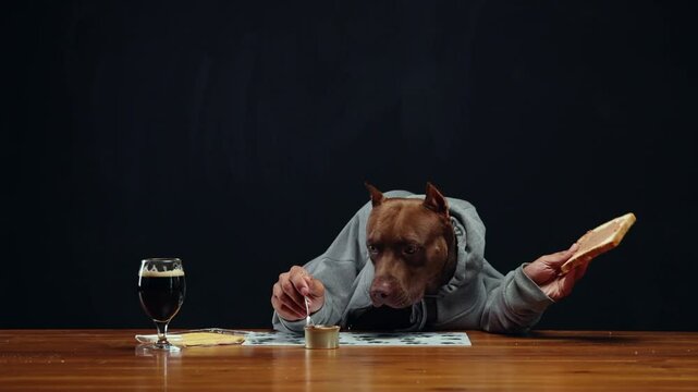 Brown pit bull, dog with human body element eating sandwich and drinking dark beer. Food and drinks, Oktoberfest, party, pub and restaurant. Concept of animals and drinks