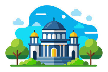 Fototapeta premium Blue Mosque Illustration with Green Trees and Blue Sky