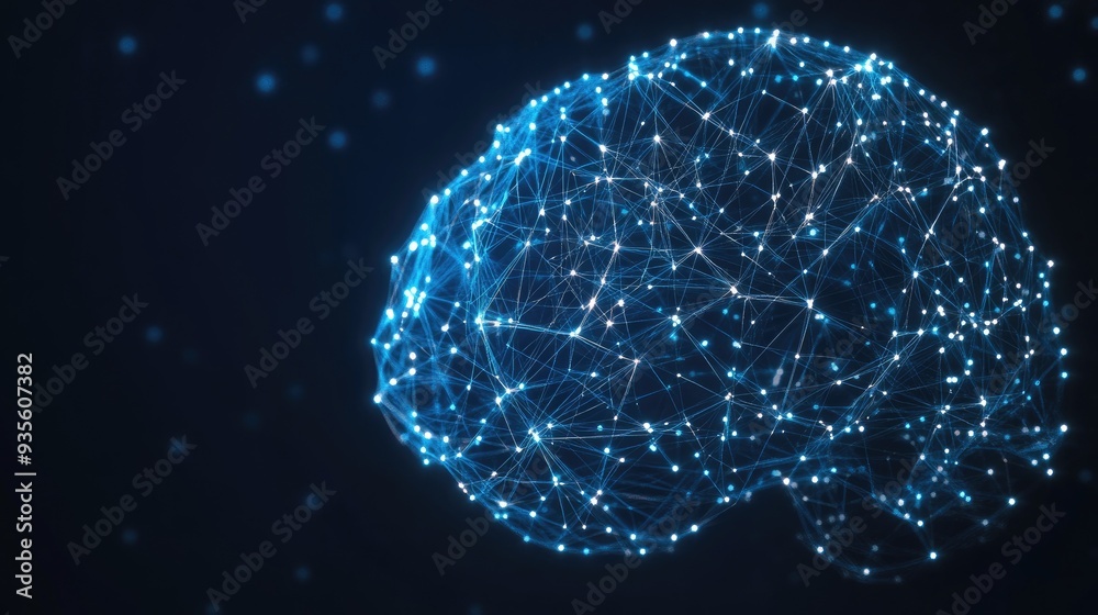 Fototapete a futuristic brain formed by interconnected data nodes, with clear space around it for text.