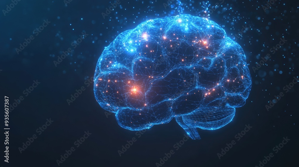 Fototapete a futuristic brain formed by interconnected data nodes, with clear space around it for text.