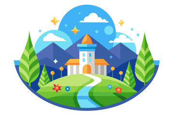 A Simple Illustration of a Serene Landscape with a Building and a River