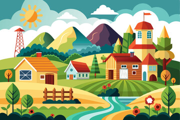 Naklejka premium A Charming Village nestled among rolling hills and a winding river.