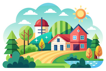 Rural Farmhouse Landscape with Silo, Trees, and Sun