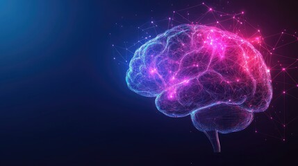 A futuristic human brain formed by neon lines and connections, with empty space beside it for text or branding.