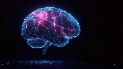 A futuristic human brain formed by neon lines and connections, with empty space beside it for text or branding.