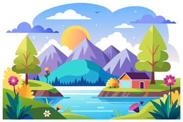 A Tranquil Landscape with a House, Mountains, and a River