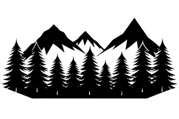 Forest with Distant Mountains – Elegant Black and White Vector Art
