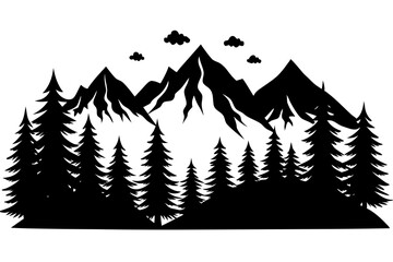 Forest with Distant Mountains – Elegant Black and White Vector Art