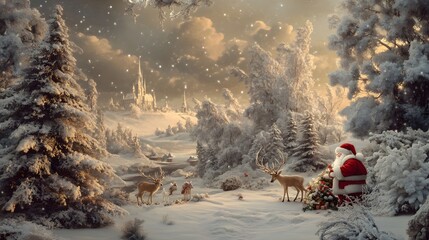 27. A whimsical Christmas scene with Santa Claus, reindeer, and a snowy landscape