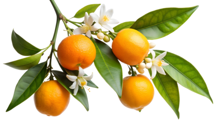 Neroli twig. Citrus aurantium with blossom and fruits branch, isolated on transparent white background, png element. Bitter orange tree with flowers for essential oil and extraction neroli oil