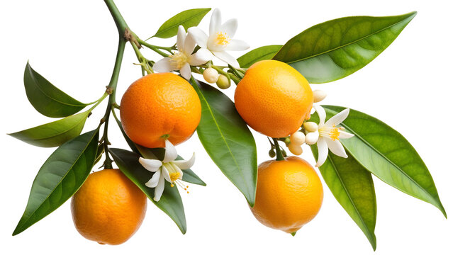 Neroli twig. Citrus aurantium with blossom and fruits branch, isolated on transparent white background, png element. Bitter orange tree with flowers for essential oil and extraction neroli oil
