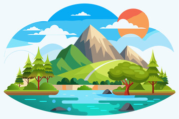 Obraz premium A Picturesque Mountain Landscape with a River, Trees, and a Sunset