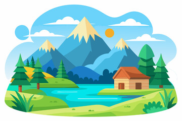 Obraz premium Mountain Cabin by the Lake with a Sunny Sky