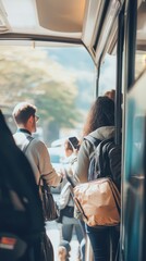 Groups of passengers gather their bags while boarding a bus, enjoying a sunny day in the city and preparing for their ride