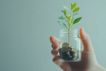 Hand Holding Small Coin Jar With Plant Growing From It Against Soft Grey Background - Investing And Business Success Concept with generative ai