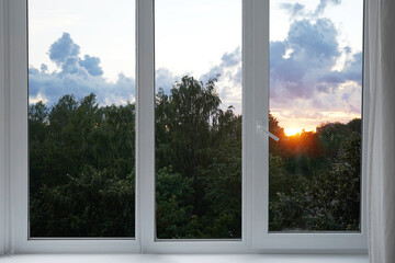 View from the window, forest, landscape with sun.  