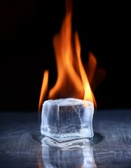 an ice cube engulfed in flames, symbolizing the contrast between fire and ice