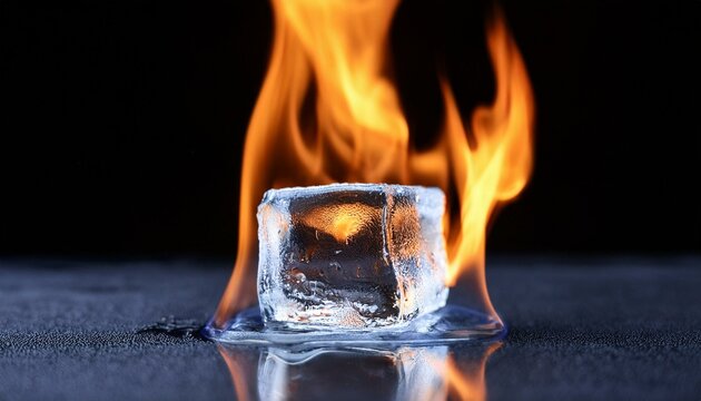 an ice cube engulfed in flames, symbolizing the contrast between fire and ice