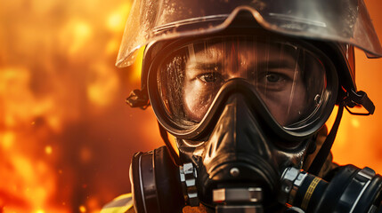 Portrait of firefighter fireman with gas mask and helmet at fire station