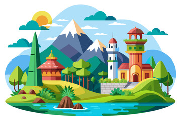 A Colorful Mountain Village with a Lake and a Temple