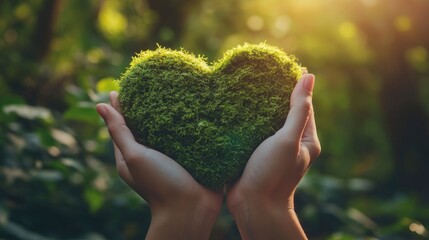 Hands Holding Green Heart Shaped Tree In Forest With Moss And Sunlight Background - Ecology And Caring For The Environment Concept with generative ai