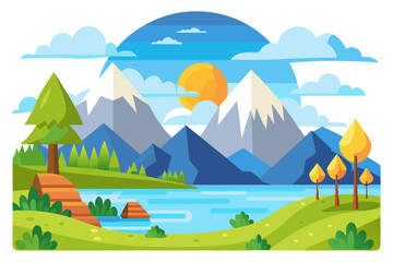 Fototapeta premium Mountainous Landscape with Lake and Sun